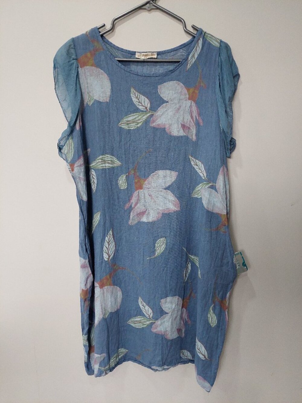 Puro Lino Dress M/S 100% Linen Floral Pullover Pockets Tunic